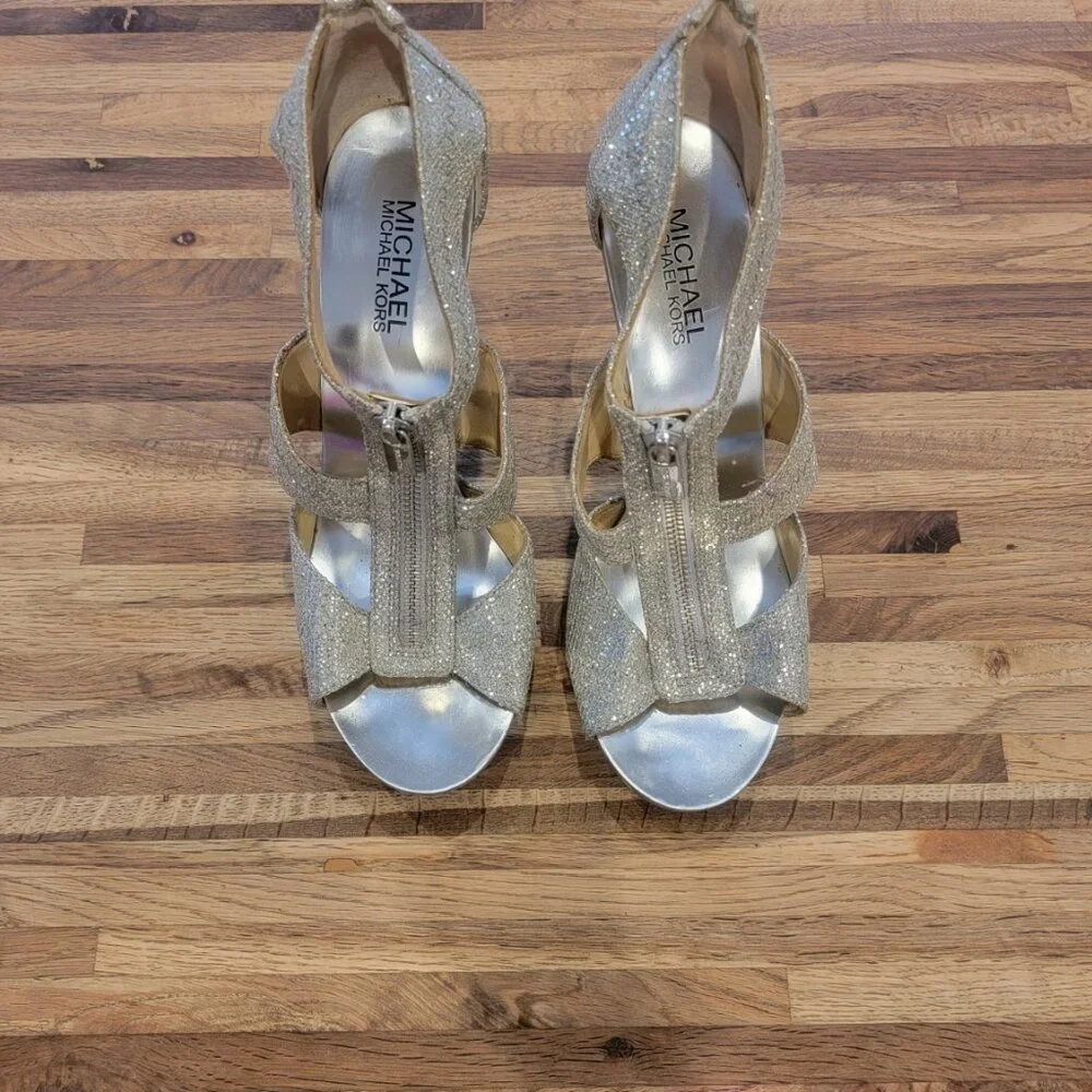 Michael Kors Berkley 4” High Heel Metallic Front Zip Sparkling Gladiator Sandals